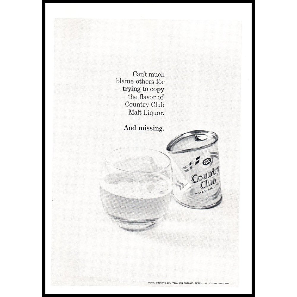 1965 Country Club Malt Liquor Vintage Print Ad Pearl Brewing Company Wall Art